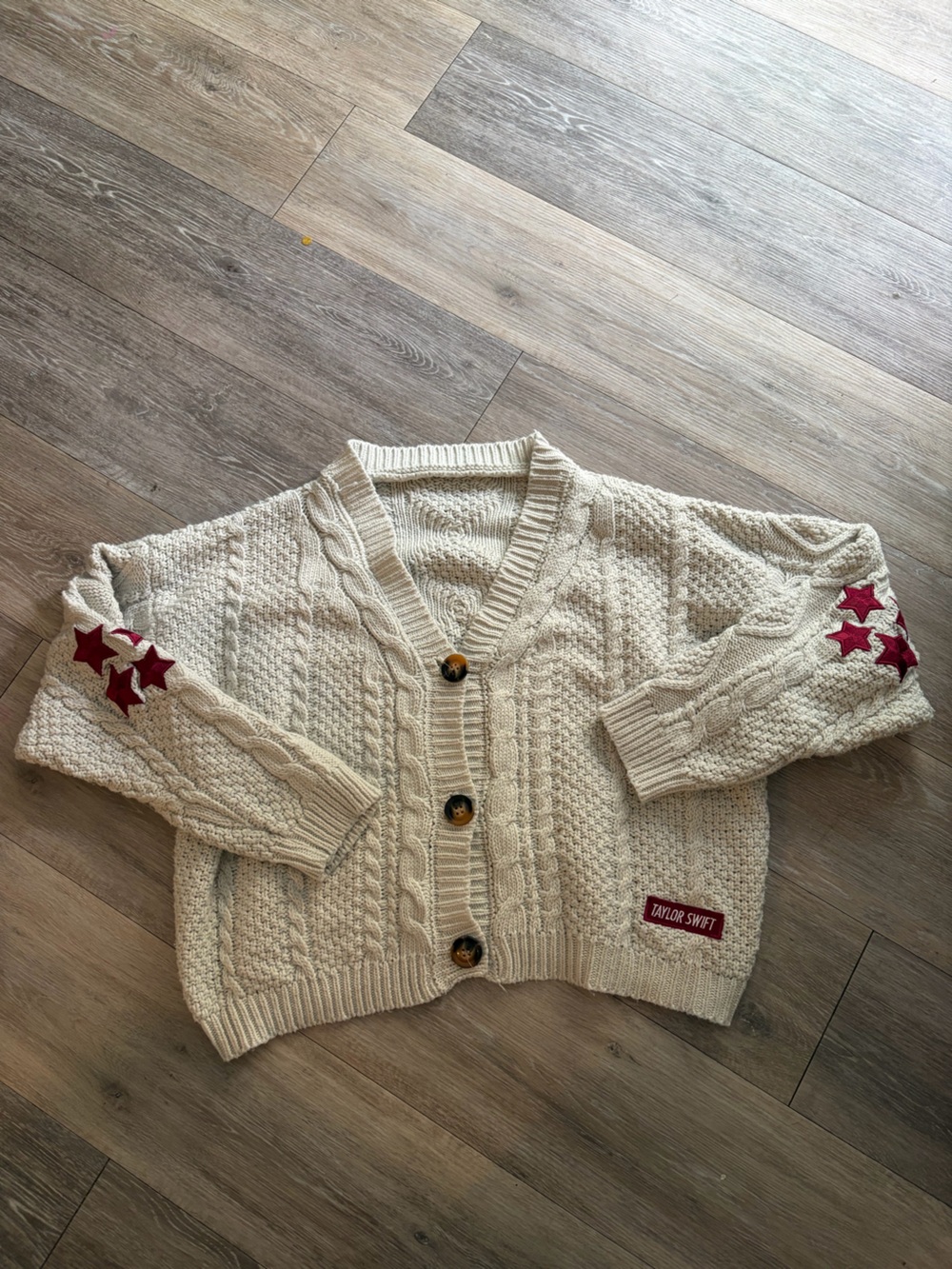 Taylor Swift RED Cream Cable Knit Cardigan with Red Star Embellishments